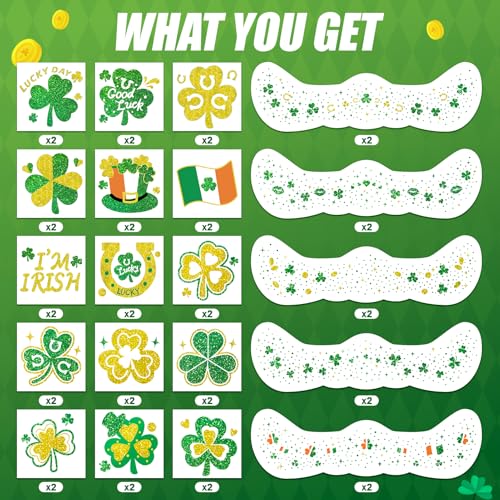 St Patricks Day Temporary Tattoos, 40 Pcs Glitter Shamrock Face Stickers