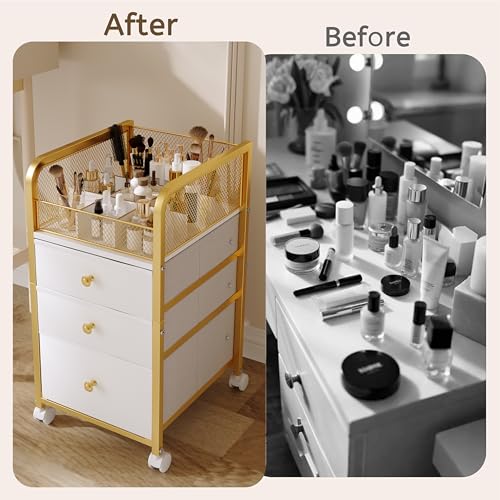 Rolling Makeup Storage Cart, Makeup Organizer Cart with Drawers, Rolling Makeup Bathroom Storage Cart, Cosmetic Vanity Display Cases Holder for Nail Polish Brush Hair Tool