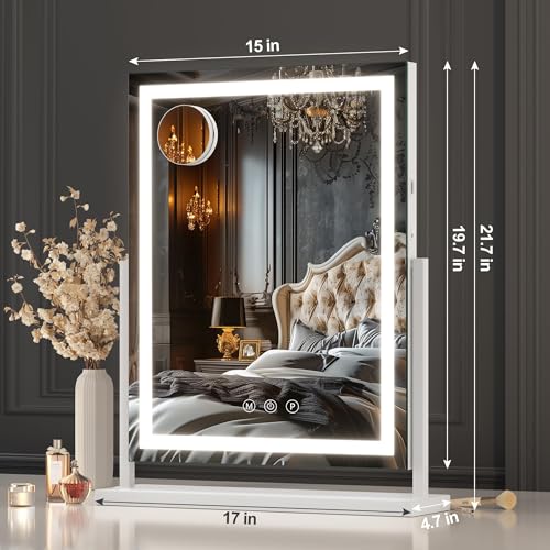 White 17x22 Inch Large Vanity Mirror with Lights - Dimmable LED & 10X Magnification