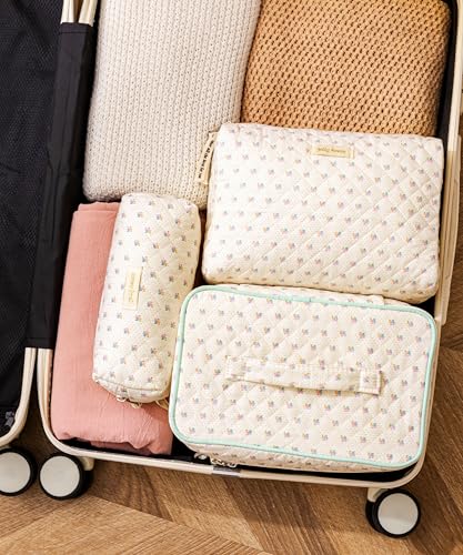 HBselect Quilted Makeup Bag Set, 3-Piece Cotton Travel Organizer