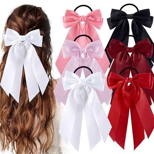 6Pcs Bow Hair Ties Non-Damage Ponytail Holders Hair Bows Ribbon for Women Fashion Bows Accessories for Girls Elastic Hair Bands(White/Pink/Red/Black)