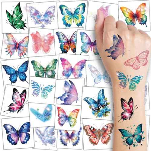 Glitter Butterfly Temporary Tattoos for Kids - 74 Individually Sheets Watercolor Butterfly Tattoos for Kids Birthday Decorations