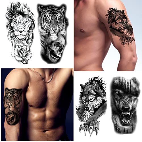 Animal Temporary Tattoos, 15-Sheet Black Tiger Lion Wolf Totem Adult Tattoos Temporary, Fake Tattoos Men