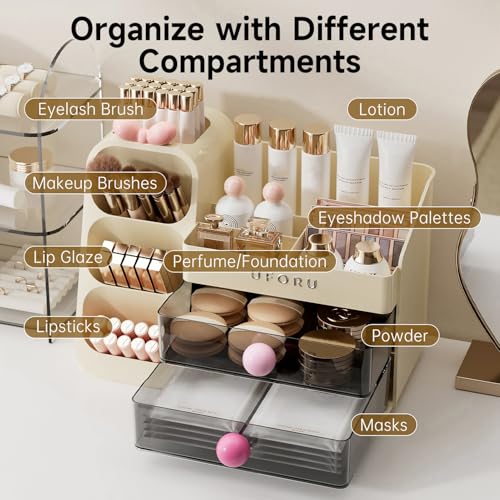 UFORU Makeup Organizer with 2 Drawers & Brush Holder