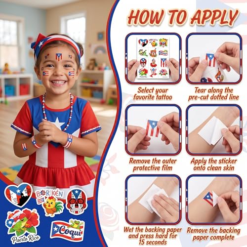 96PC Puerto Rico Temporary Tattoos for Kids | Waterproof Party Favors
