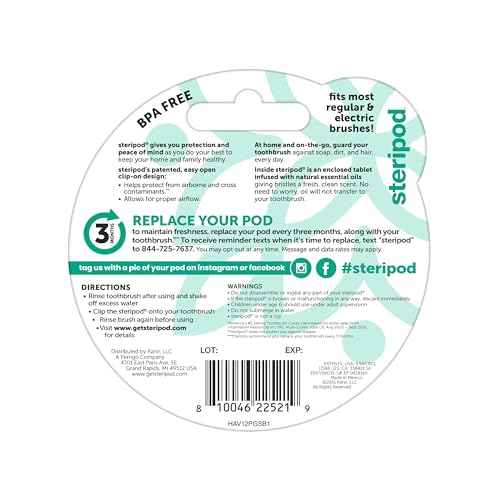 Steripod Clip-On Toothbrush Protector with Peppermint Essential Oil, Keeps Toothbrush Fresh and Clean, Fits Most Manual and Electric Toothbrushes, 1 Count