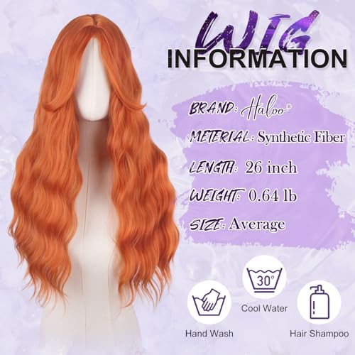 Haloo 26-Inch Red Auburn Wavy Wig with Curtain Bangs for Women