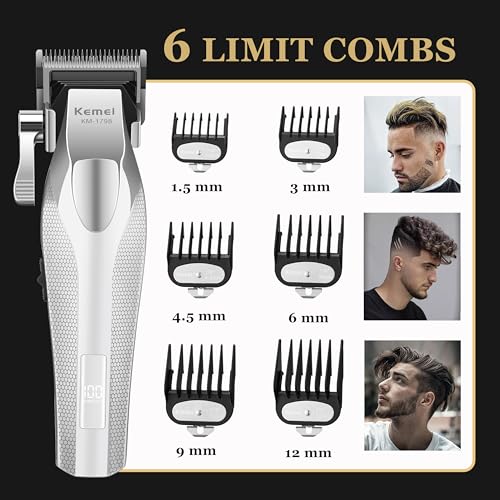 KEMEI 1798 Professional Hair Clippers for Men, 9100 RPM Cordless Barber Clippers with Full Metal Body, 3000 mAh Hair Trimmer with LED Display, Ceramic and DLC Blades