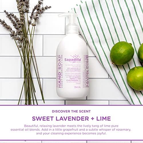 Sapadilla Liquid Hand Soap - Sweet Lavender + Lime - Made with 100% Pure Essential Oil Blends, Cleansing & Moisturizing, Aromatic & Fragrant Hand Soap, Plant Based, Biodegradable, 12 Ounce (Pack of 1)