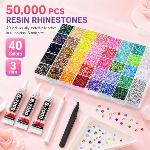 50,000 Pcs 3mm Resin Jelly Flatback Rhinestones Kit with B7000 Glue