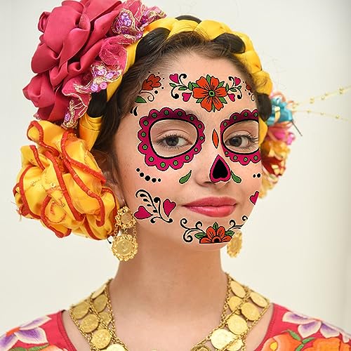Day of the Dead Face Tattoos - 8 Sheets Sugar Skull Halloween Temporary Tattoo Kit