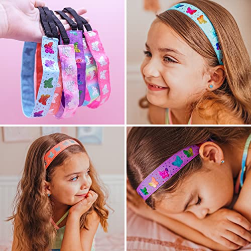 FROG SAC 6 Butterfly Headbands for Girls, Adjustable No Slip Glitter Hair Bands for Kids, Cute Little Girl Sports Head Bands, Sparkly Soccer Gymnastics Headband, Sparkle Hair Accessories