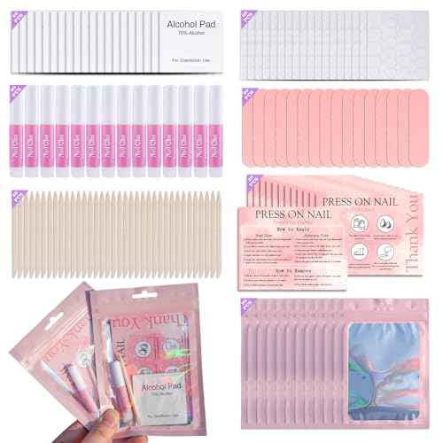 Disposable Nail Supplies Kits,Professional Manicure Press On Nail Tool Kit with Nail File,Adhesive Tabs,Nail Glue,Sticks, Prep Pads,Bags,Cards for Nail Business (140pcs20set-pink)