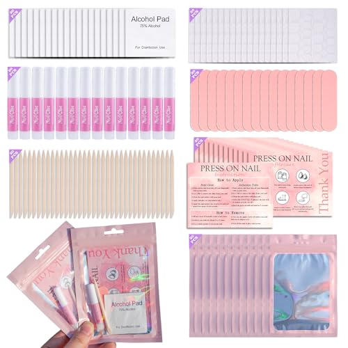Disposable Nail Supplies Kit 140pcs Pink Press-On Manicure Set for Salon & Home