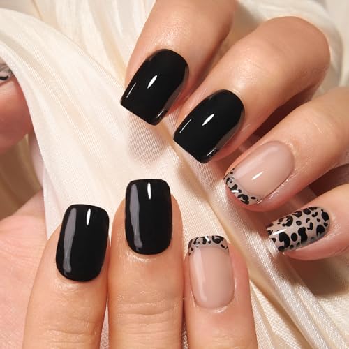 CurvLife Short Square Leopard Print Fake Nails - Black Soft Gel Press-On Manicure