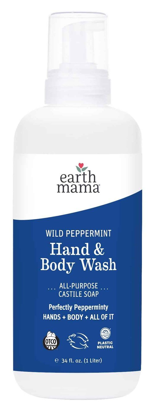 Earth Mama Wild Peppermint Hand & Body Wash | Foaming Hand Soap Refill, Castile Soap Liquid Made with Organic Wild Mint & Peppermint Oil, 34 fl oz