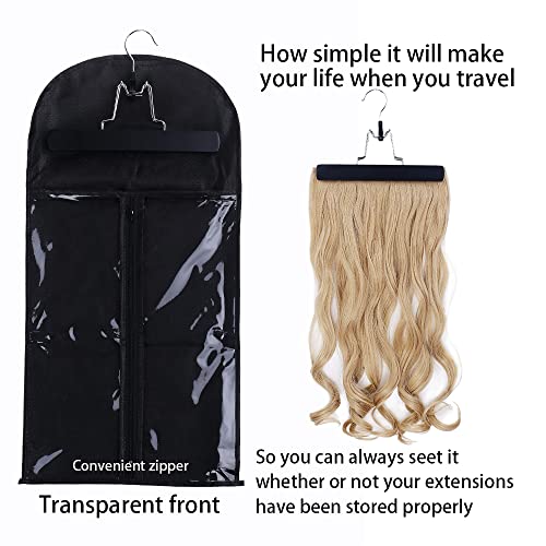 RJMBMUP 1 Pack Hair Extensions Storage Bag with Wooden Hanger - Black