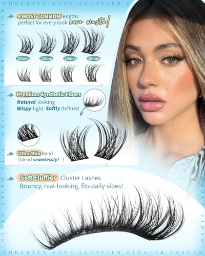 PHKERATA Wispy Lash Clusters Natural Eyelash Extensions C Curl (10-16mm, 36/54 Pcs)
