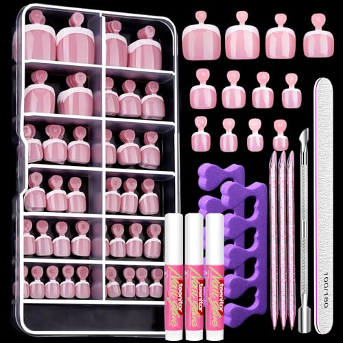 Teenitor Pink French Toe Nails Press On Set with White Borders, 120pcs Short Square Fake Toenails for Women