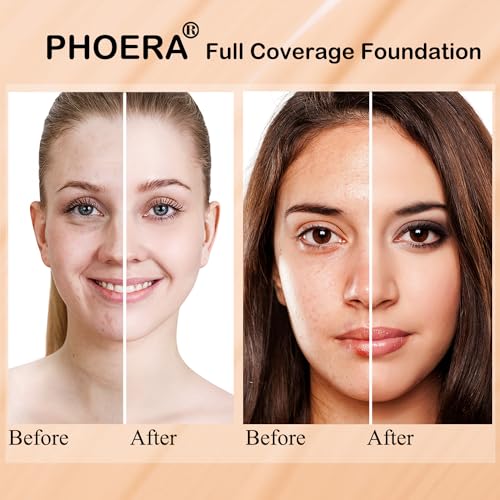 2 Pack PHOERA Foundation Sand 105 and Face Primer, Liquid Full Coverage Foundation Set, Foundation Brush Powder Brush,5 Makeup Sponge, 24HR Matte Oil Control Concealer (2pcs 105 Sand)