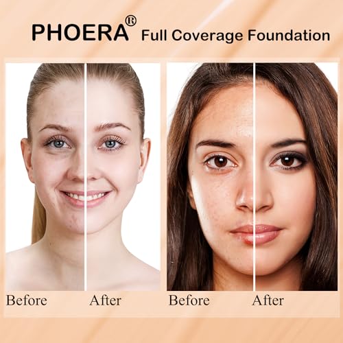 2 Pack PHOERA Foundation Buff Beige 104 and Face Primer,Liquid Full Coverage Foundation Set,Foundation Brush Powder Brush,5 Makeup Sponge,24HR Matte Oil Control Concealer (104- Buff Beige)