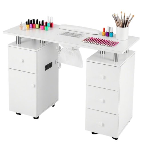 Manicure Table Nail Tech Desk with Electric Dust Collector, Nail Table Station w/Charging Socket, 4 Drawers, Lockable Wheels & 2 Wrist Rests – Professional Nail Station for Salon & Home, Snowy White
