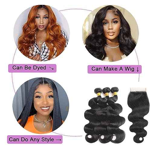 Bundles with Closure Human Hair Body Wave 12 14 16+10 Inch 100% Unprocessed Brazilian Virgin Hair Extensions 3 Bundles with 4x4 Free Part Lace Closure Natural Black