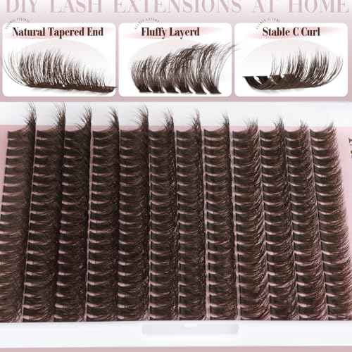 Dark Brown Lash Clusters 80D Fluffy Wispy Volume Cluster Eyelash Extensions D Curl 10?18mm Individual Cluster Lashes 240PCS Brown Eyelash Clusters DIY Lash Extension for Natural Glam Look by Yawamica