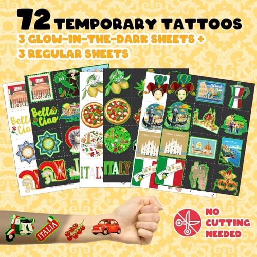 Italy Party Favors Set - 72 Tattoos & 24 Slap Bracelets