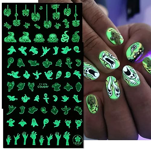 Halloween Nail Stickers 3D Self-Adhesive Nail Decals Halloween Skull Ghost Bat Pumpkin Design Cute Nail Art Stickers Glow in The Dark Nail Decorations for Women Halloween Nail Supplies (6 Sheets)