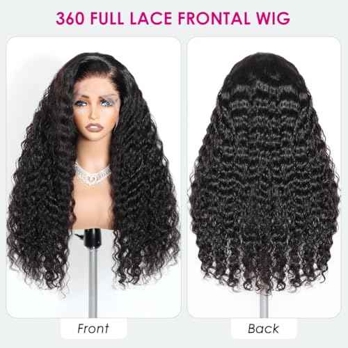 Pizazz Hidden Strap 360 Full Lace Frontal Wigs Human Hair Pre Plucked Pre Bleached 180 Density Glueless Water Wave Human Hair Wigs with Drawstring (Black, 22 Inch)