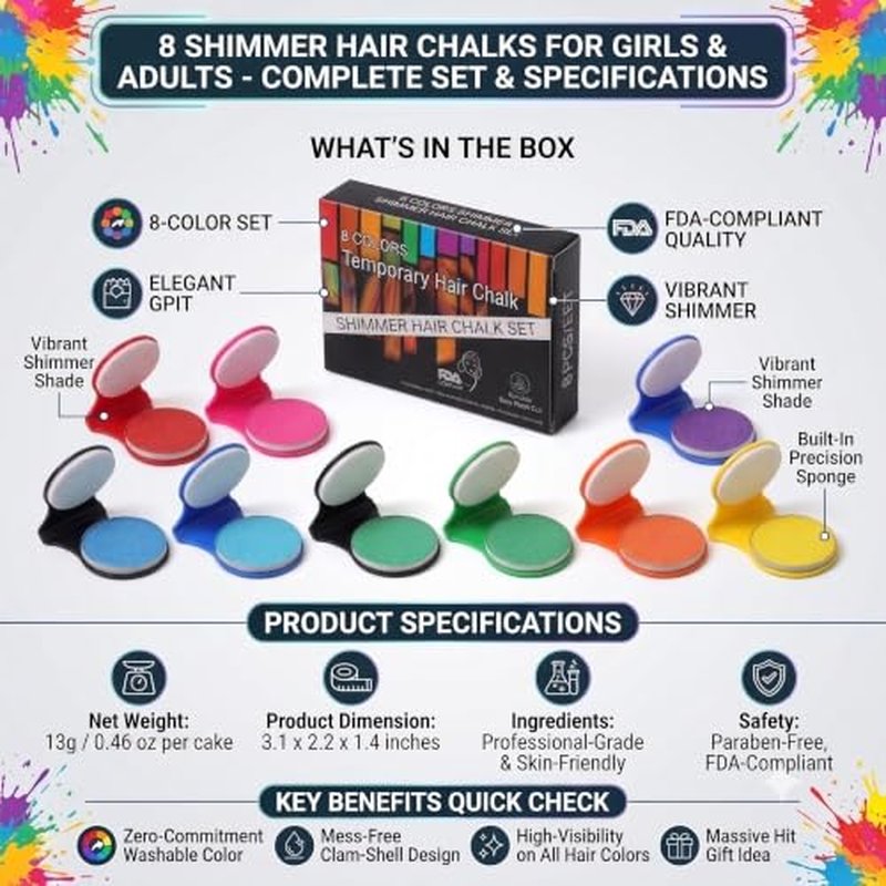 8 Color Shimmer Hair Chalk, Washable Temporary Hair Dye