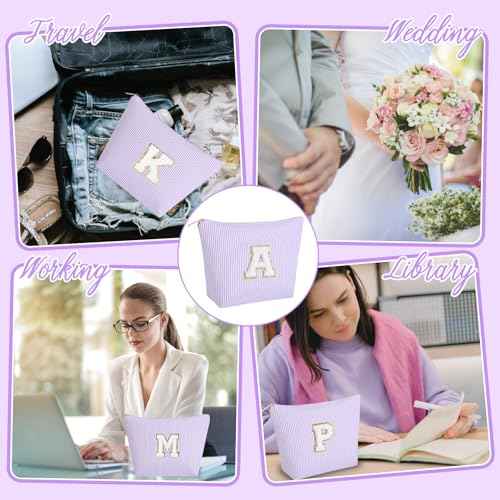 Personalized Gifts Initial Makeup Bag, Preppy Stuff Cosmetic Bags for Women Travel Toiletry Bag Cute Make Up Pouch Birthday Wedding Christmas Gift for Teen girls Friends (Purple, A)