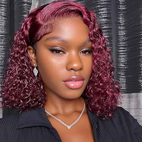 10 Inch 99J Burgundy Deep Wave Curly Bob Wig for Black Women 180% Density Human Hair 13x4 HD Lace Front Wigs