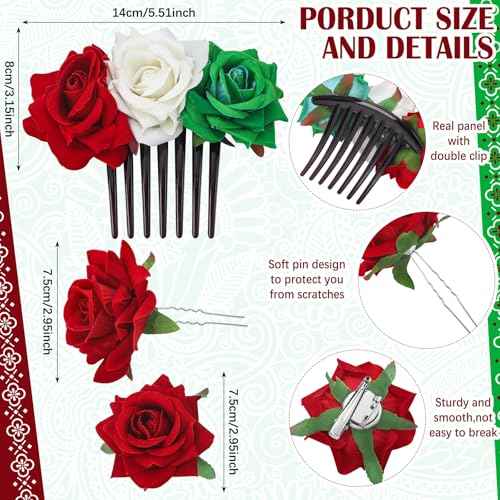 7 Pcs Mexican Hair Accessories for Women Independence Day Rose Flower Brooch Clip Mexican Flag 16th September Flower Hair Accessories for Traditional Girls Independencia De Mexico