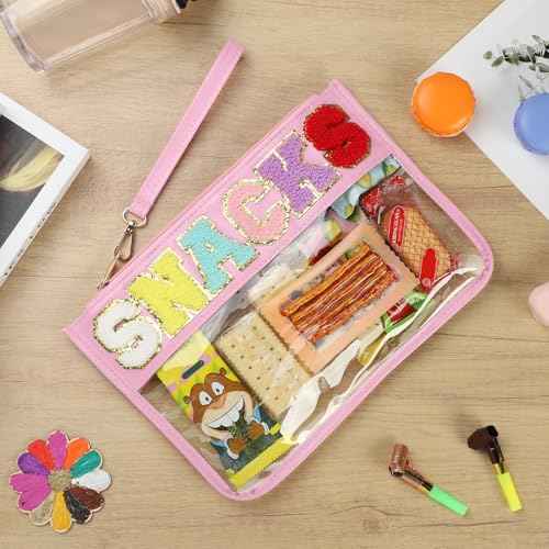 Clear Snack Bag for Travel, Chenille Letter Clear Zipper Snacks Pouch Nylon Cosmetic Bag Makeup Travel Bag for Women