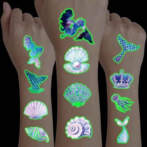 96PCS Mermaid Pre-Cut Temporary Tattoos for Kids - Cute Under the Sea Party Favors, Perfect for Ocean Mermaid-Themed Birthdays, School Rewards, and Baby Showers (Glow in the Dark)
