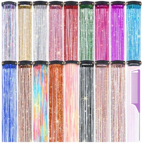 18 Pack Clip-in Hair Tinsel Extensions - 22 Inch Glitter Hair Accessories