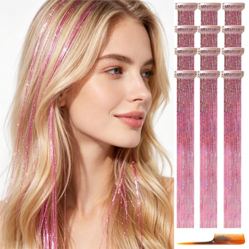 Neon Pink Clip-in Hair Tinsel 12PCS 23 Inch Heat-Resistant Glitter Hair Extension