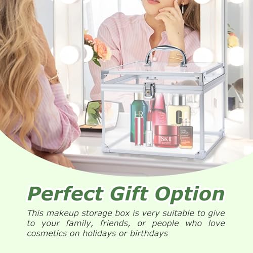 Crown Box, Clear Cosmetic Case, Acrylic Artists Display Case, Toiletry Train Case with Latches & Handle Large Capacity Acrylic Travel Makeup Tools Box for Vanity Dresser Bathroom Counter (Silver)