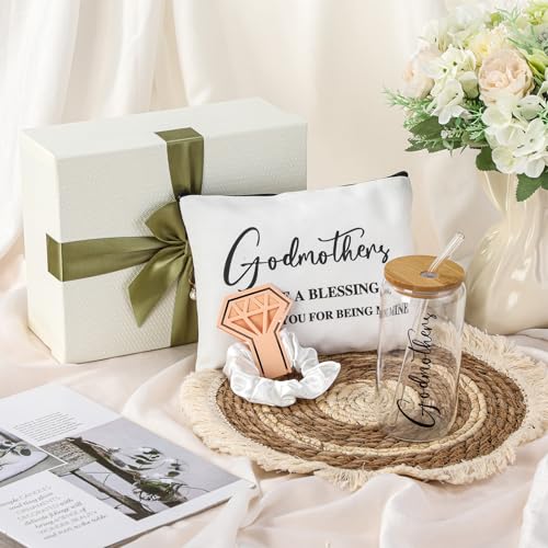 Skylety Godmother Proposal Gifts Set 16 oz Coffee Glass Godmother Cosmetic Bag White Hair Scrunchies, Gift Box, Mother's Day Gifts for God Mother, Wedding Holiday Appreciated Gift