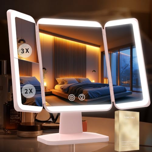 SIMETRA 15.6'' Pink Rechargeable LED Makeup Mirror with Lights & Trifold Design