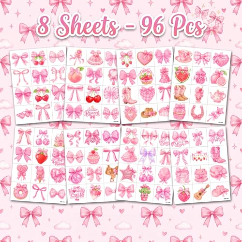 96 Pink Bow Temporary Tattoos for Kids | Waterproof