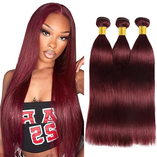 #99J Burgundy Straight Hair Bundles - 28 30 32 Inches, 3 Pack