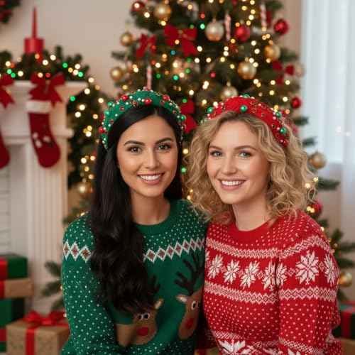 2Pcs Christmas Headbands for Women - Red Green Pearl Rhinestone Crystal Jeweled Christmas Headband - Womens Headbands Fashion Elegant Wide Top Knot for Women Holiday Clothes Accessories(Red Green)