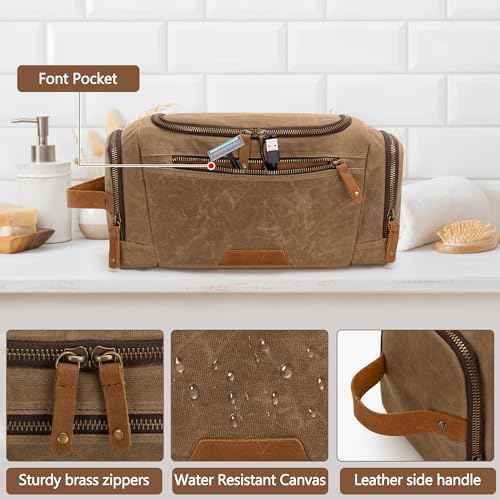 YARWO Hanging Toiletry Travel Bag for Men, Large Waxed Canvas Men Dopp Kit Hygiene Bag with Detachable Zipper Pouch, Water-resistant Shaving Storage Bag for Razor, Shower Essentials, Travel Toiletries