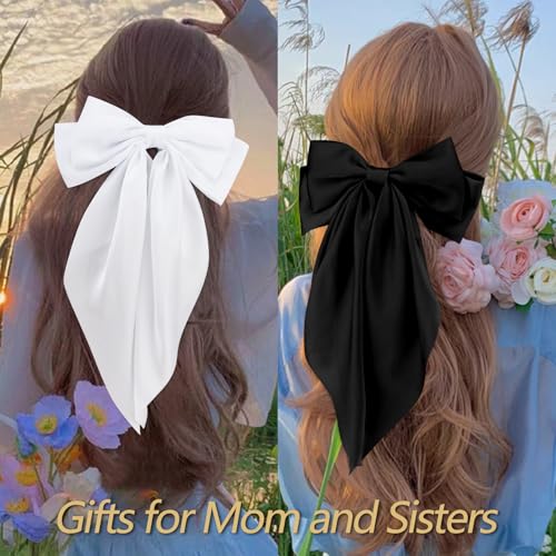 Velscrun Hair Bows for Women Girls 3Pcs Pink Blue Purple Silky Satin Large Bows Hair Clip Oversized Hair Ribbons Long Tail Big Bows Hair Accessories