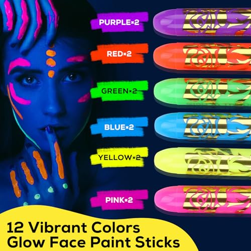 12 Pcs Neon Face & Body Paint Glow Under Blacklight