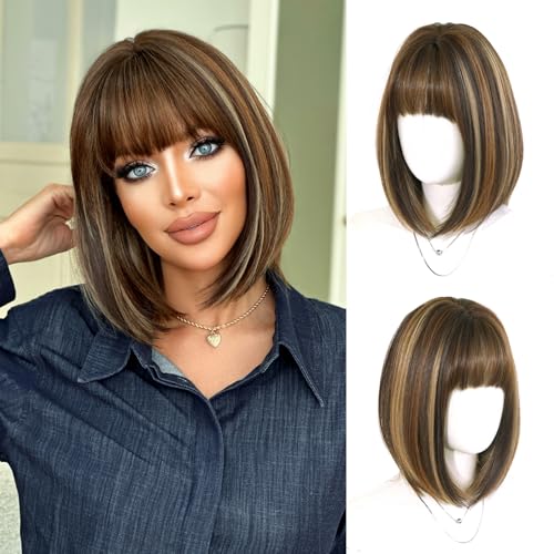 14-Inch Silver Ombre Bob Wig with Bangs - Heat Resistant Synthetic Hair