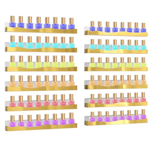 12 Pack Gold Mirror Nail Polish Racks 15 Inch Acrylic Wall Mount Shelves with Stopper for Nail Polish Organizer, Picture Frames, Books, Home Dec